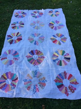Vintage Dresden Plate Quilt Top Hand Stitched Feed Sack Cottons 52 X 86