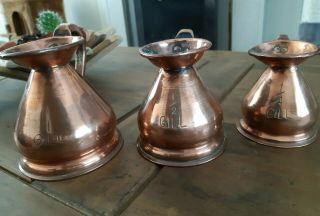 3 Vintage Graduated Copper Measuring Jugs - 1 Gill,  1/2 Gill,  1/4 Gill