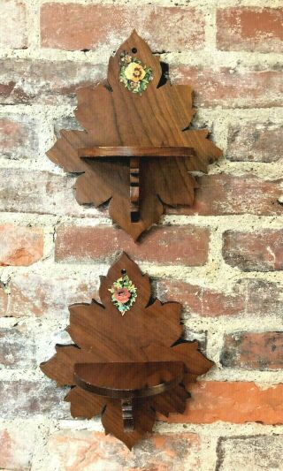 2 Antique Wooden Shelves Vintage Maple Leaf Hanging Wall Shelf Matched Set Wood