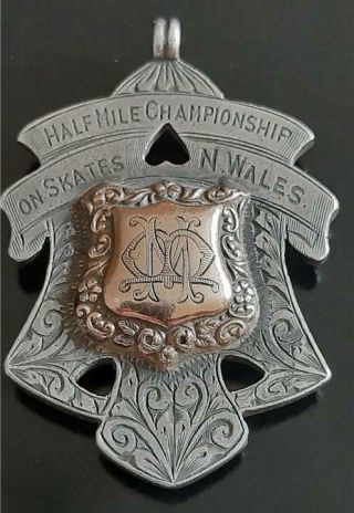 Vintage Silver & Gold Fob Medal Half Mile On Skates Ryhl Ice Skating Rink Wales