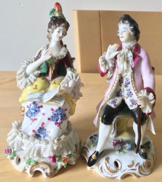 Pair 10.  5cm Vintage Volkstedt Porcelain Man & Woman Music Figurines