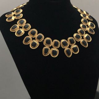 Vintage Signed Anne Klein Gold Tone Black Enamel Poured Glass Byzantine Necklace