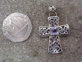 Vintage Solid Silver Sterling 925 Faux Amethyst Celtic Cross Crusifix Pendant