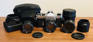 Vintage Asahi Pentax Spotmatic 35mm Film Camera With 3 Lenses - Work
