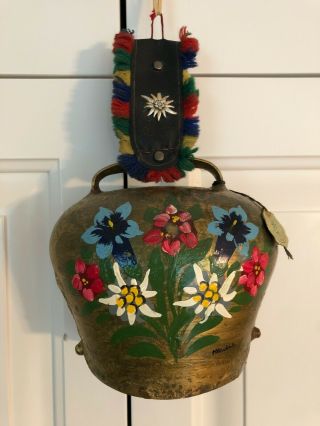 Vintage Large Alpen Cheile Hand Painted Swiss Cow Bell With Strap