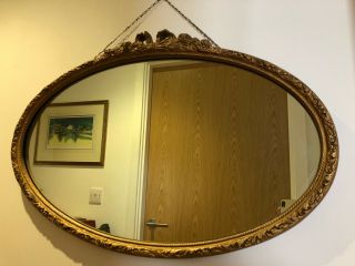 Large Oval Overmantle Gilt Vintage 1950s Wall Mirror Bow & Floral Wood Frame 2