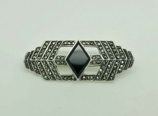 Gorgeous Vintage Sterling Silver Onyx Marcasite Art Deco Style Geometric Brooch