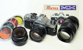 Pentax Mx Bundle (3 Lenses, ) Slr 35mm Film Camera W/ Smc Pentax - M 50mm F/1.  7