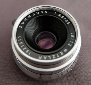 Leitz Leica 35mm Summaron f2.  8 with caps,  case,  hood,  M adapter & filter 3