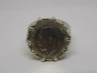 Vintage English Sterling Silver 1920 3 Pence Coin Signet Ring.  Size P.  (ncb)