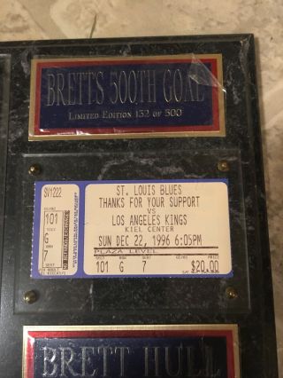 Brett Hull Signed 500th Goal Plaque w/ticket Stub & Autographed Picture. 3