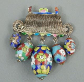 Vintage Chinese Export Silver Filigree Cloisonné Enamel Dangle Bead Brooch Pin