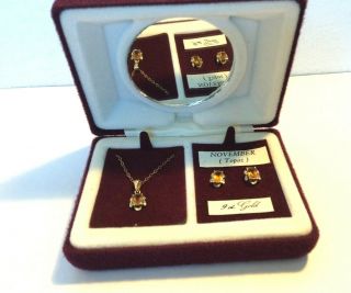 Vintage Citrine Topaz And Gold 9ct Necklace And Earring Set
