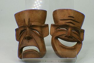Vintage Hand Carved Wooden Comedy Tragedy Happy Sad Tiki Masks Wall Art B1