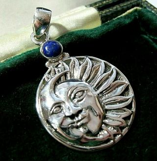 Vintage Style Sterling Silver Crescent Moon & Sun Lapis Lazuli Necklace Pendant
