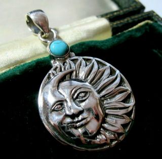 Vintage Style Sterling Silver Crescent Moon & Sun Turquoise Necklace Pendant