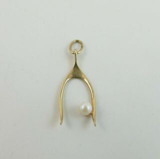 Vintage 10ct Gold Lucky Wishbone With Cultured Pearl Charm Or Pendant