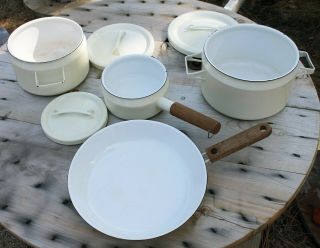 Vintage White Porcelain Cookware Enamel Set Of 7 - Pots Pans Lids W Wood Handles