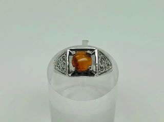 Vintage Studio Sterling Silver Baltic Amber Engraved Panels Band Ring Size M