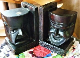 Poignant Vintage French Carved Wooden Comedy /tragedy Character Bookends
