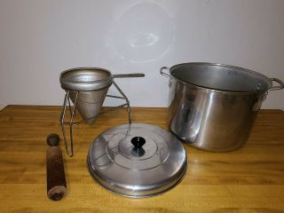 Vintage Century Aluminum Ware Canning Pot With Pestle Strainer Funnel & Stand