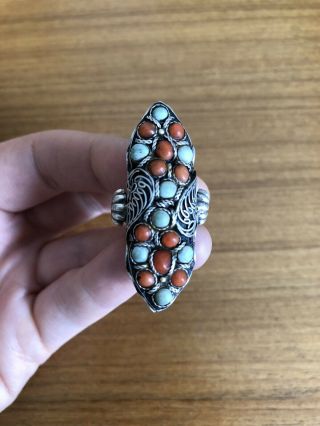 Vintage 1970s Indian Silver Ring With Coral And Turquoise