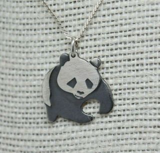 Vintage Sterling Silver Necklace Black Enamel Giant Panda Animal 16 Inch P912