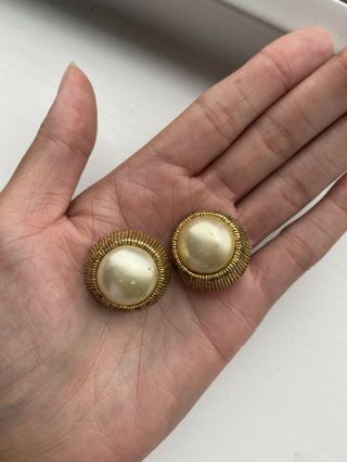 Vintage Chanel Pearl And Gold Tone Clip On Earrings 1970s.