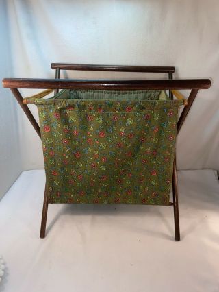 Vtg 1960 - 70’s Green Red Flowers Folding Knitting Sewing Basket Storage Organizer