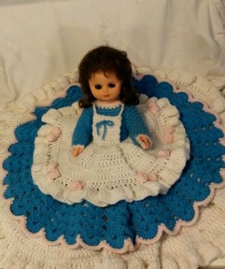 Vintage Doll Bed Pillow Handmade Blue White Crocheted Dress Pink Flowers Pretty