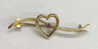 Vintage 9ct Gold Pin Brooch With Red Glass 3.  7cm In Length 1g