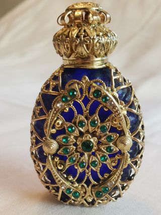 Vintage Czech Jeweled Filigree Miniature Cobalt Perfume Bottle Crystal Dauber