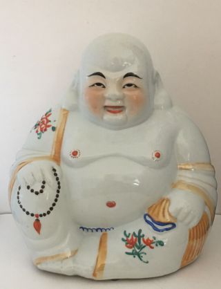 Vintage Chinese Porcelain Laughing Buddha Statue Figure About 9 1/4” T & 7 3/4”w