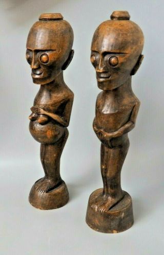 Good Large Pair Vintage Indonesian Batak Sumatra Carved Wooden Tribal Figures Vf