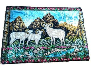 Vintage Italy Velvet Tapestry Mountain Ram Goat Wall Hanging Rug Large 74” X 50”