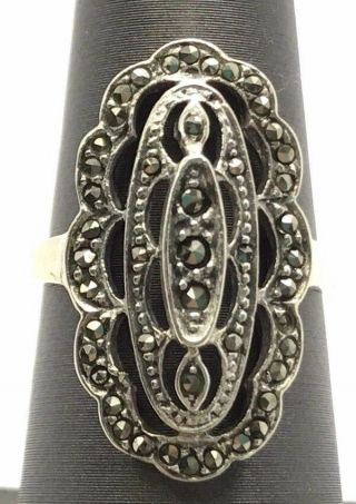 Vintage Sterling Silver 925 Marcasite Long Swirl Curved Oval Cocktail Ring 6.  75