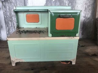 Vintage 1930s Childrens Electric Toy Stove And Oven - Green Orange Tin Metal