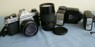 Pentax K1000 35mm Slr Film Camera W/ 50mm & Jc Penney 135mm Vivitar Flash