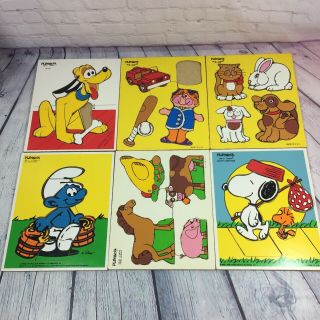 6 Vintage Playskool Wooden Tray Puzzles Smurf Snoopy My Pets Pluto Farm Animals