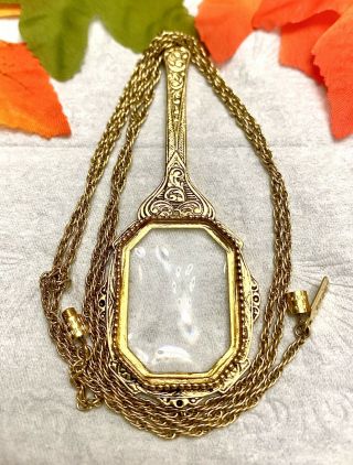 Vintage Magnifying Glass Necklace Signed 1928 Pendant Gold Tone Chain 26 Inches