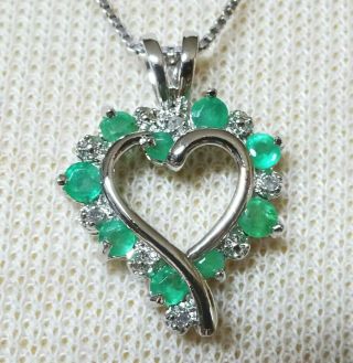 Vintage Sterling Silver Necklace With Emerald & Diamond Accent Heart Pendant
