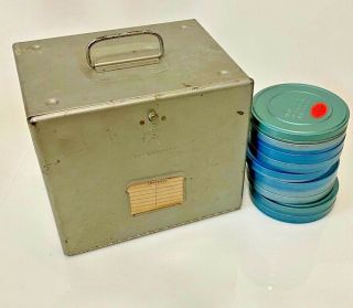 Brumberger Vintage 7” Reel 22 Full Film Canisters & Storage Box Movie Case