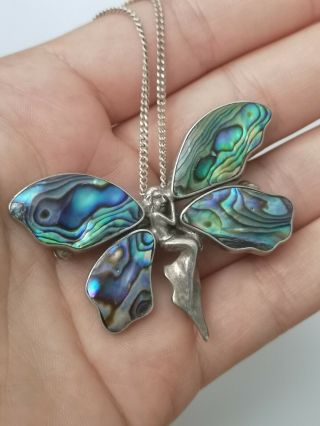 Vintage Large Sterling Silver Fairy With Abalone Inlay Pendant Brooch Necklace