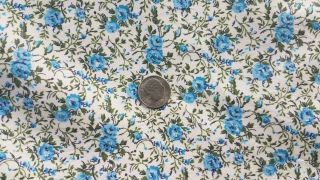 36 " Wide Vintage Cotton Print Blue Roses Fabric Doll Small Tiny Floral 4.  4 Yards