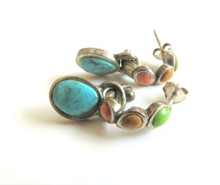 Vtg Barse 925 Sterling Silver Pierced Earrings Turquoise Coral Stones Gorgeous