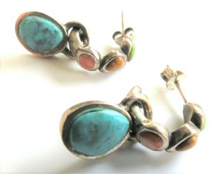 Vtg BARSE 925 STERLING SILVER Pierced Earrings Turquoise Coral Stones Gorgeous 2