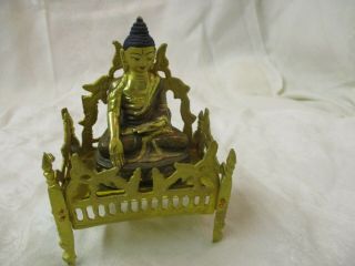 Vintage Brass Buddha Figurine Seated On Lotus With Brass Bed/platform