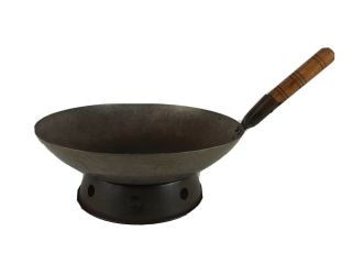 Vintage Steel Wok 14 " Wood Handle Round Bottom Pan Metal Chinese Japanese Food