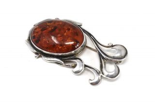 A Large Heavy Vintage Sterling Silver 925 Natural Amber Abstract Brooch 22381