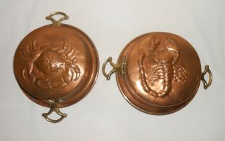 Set Of 2 Vintage Molds Copper On Metal With Brass Handles Crab And Scorpion